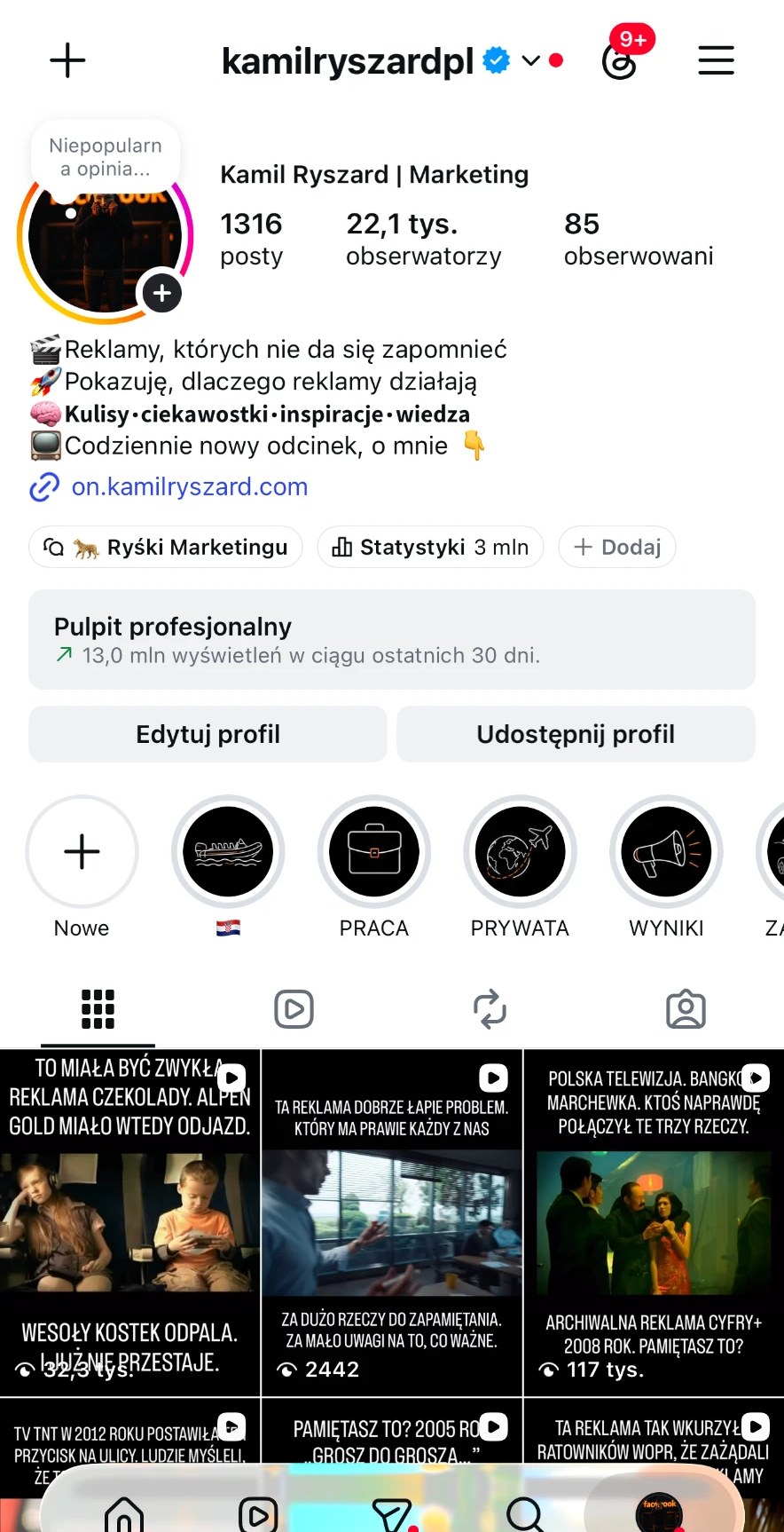 Profil @kamilryszardpl na Instagramie z archiwum reklam
